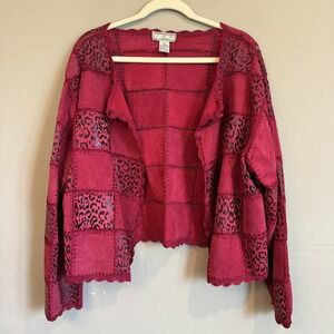Vintage Fuschia Pink Womens 1X Leather‎ Short Jacket Patchwork Leopard Lace
